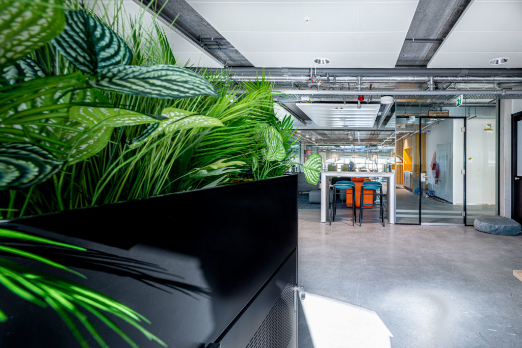 kantoorruimte oranje groen glas zwart plant